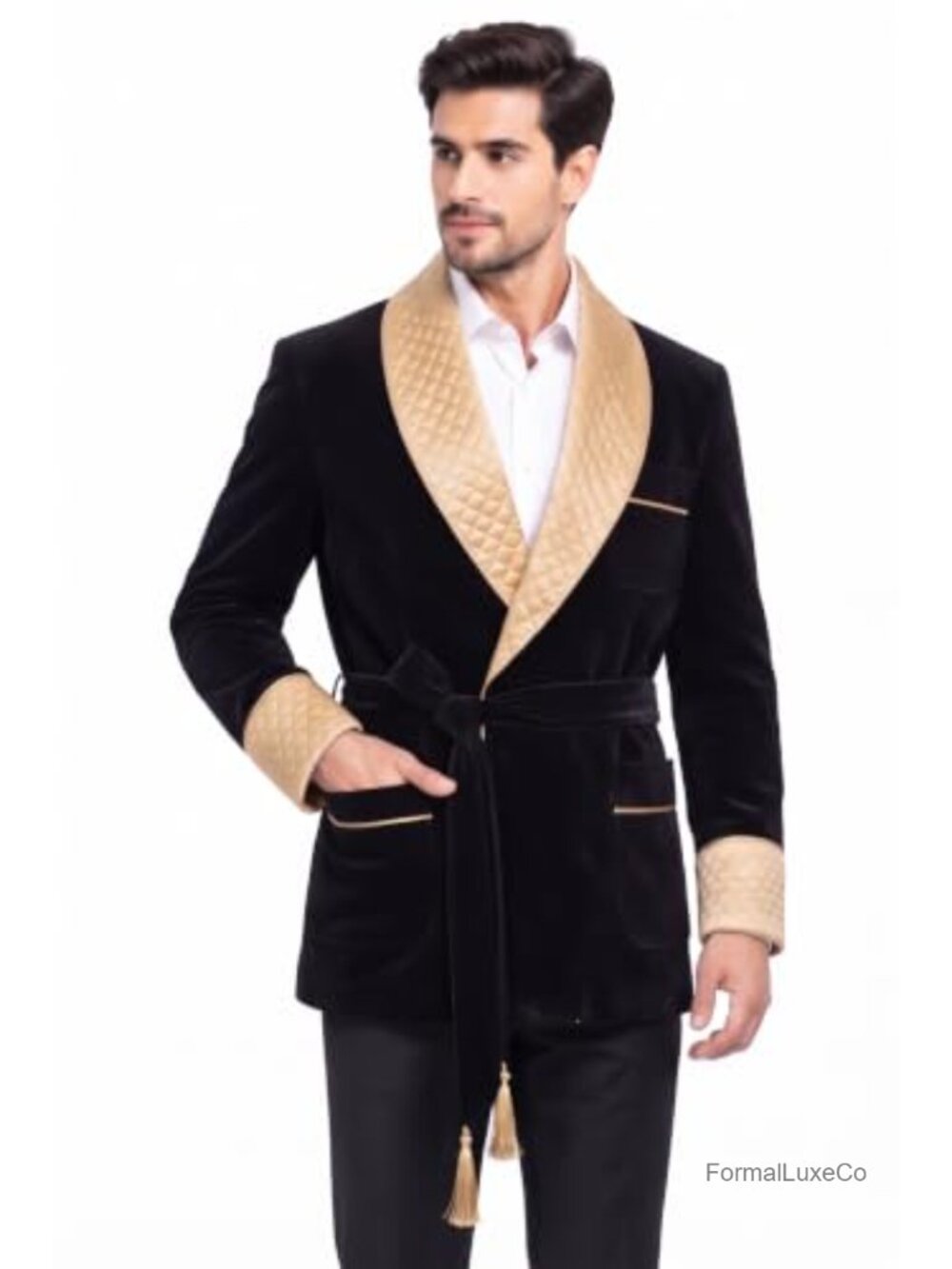 Velvet Smoking Jacket with Satin Quilted Collar Formal Robe Coat